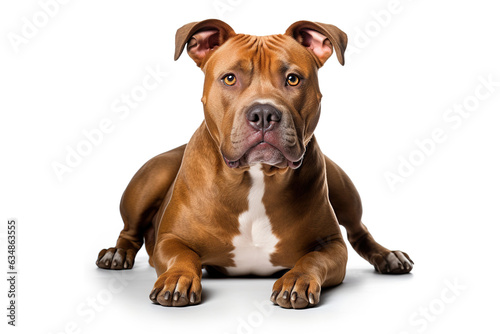 A Beautiful adult purebred American Pit Bull Terrier dog lying down on white background looking forward into camera photo