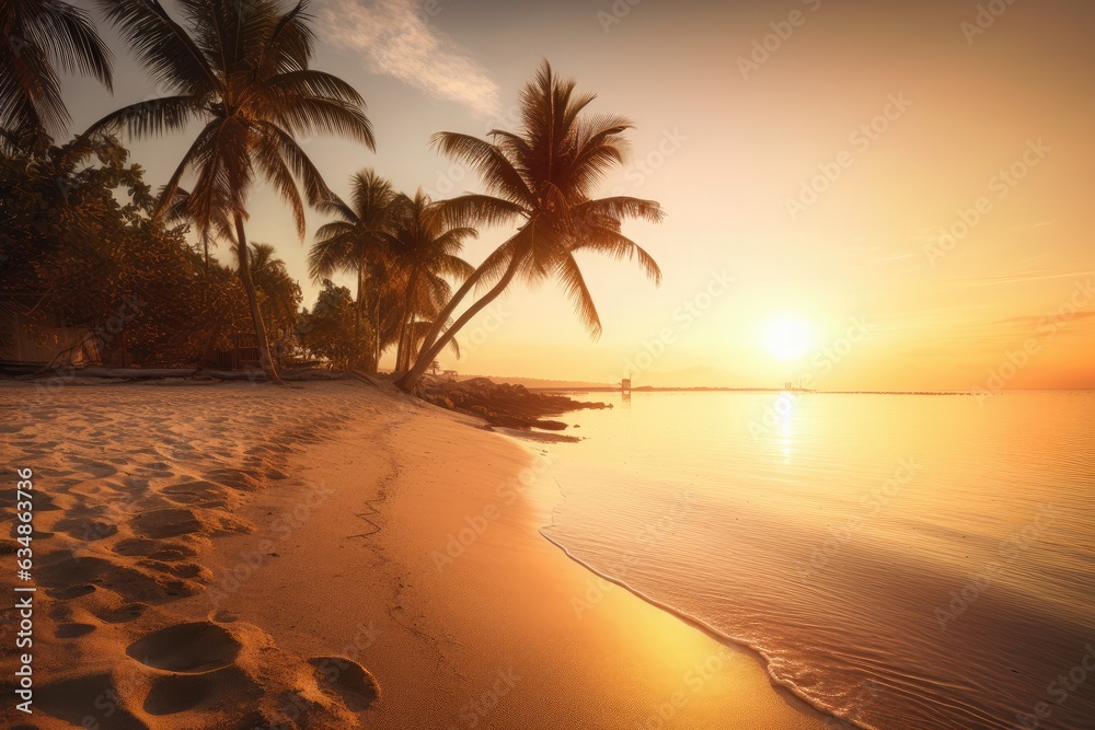 Paradise beach, setting sun, coconut trees, sunbathers and happy seagulls., generative IA