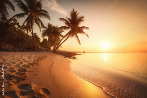 Paradise beach  setting sun  coconut trees  sunbathers and happy seagulls.  generative IA