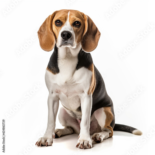 Beautiful purebred Beagle dog sitting facing and looking forward on white