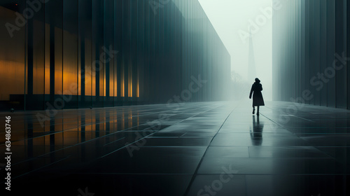 In an ethereal setting shrouded in mist, a solitary figure stands in silhouette, a poignant reflection of solitude and melancholy. Lonely figure in surreal environment.