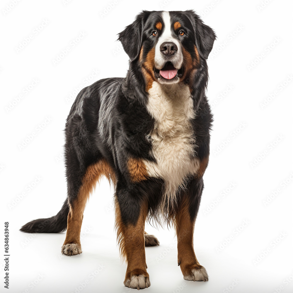 Purebred Bernese Mountain Dog standing on white looking forward at camera