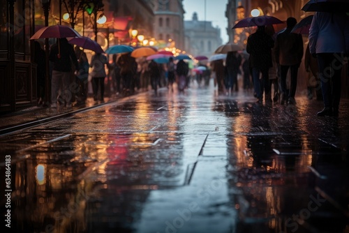 Night rain in the city  shiny asphalt  rushing people  colorful umbrellas.  generative IA