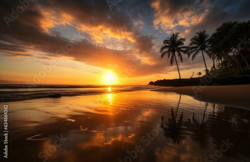 Rising sun on serene beach, blue sky, coconut trees and golden reflection in the water., generative IA © Gabriel