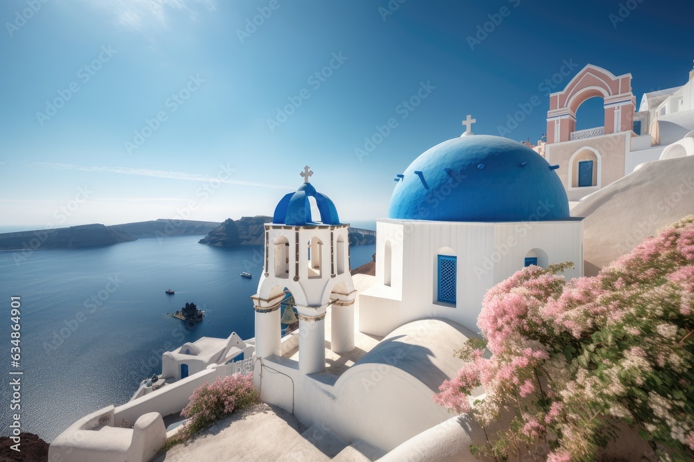 Blue church in Santorini, Greece - maritime serenity., generative IA