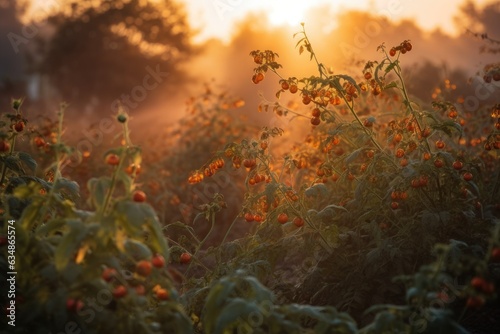 Golden field filled with ripe tomatoes. Butterflies and bees complete the scene.  generative IA