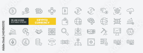Set of 36 Cryptocurrency line icons set. Crypto Currency outline icons with editable stroke collection. Includes Cryptocurrency, Currency Exchange, Growth, Profit, encryption, token, blockchain tech.