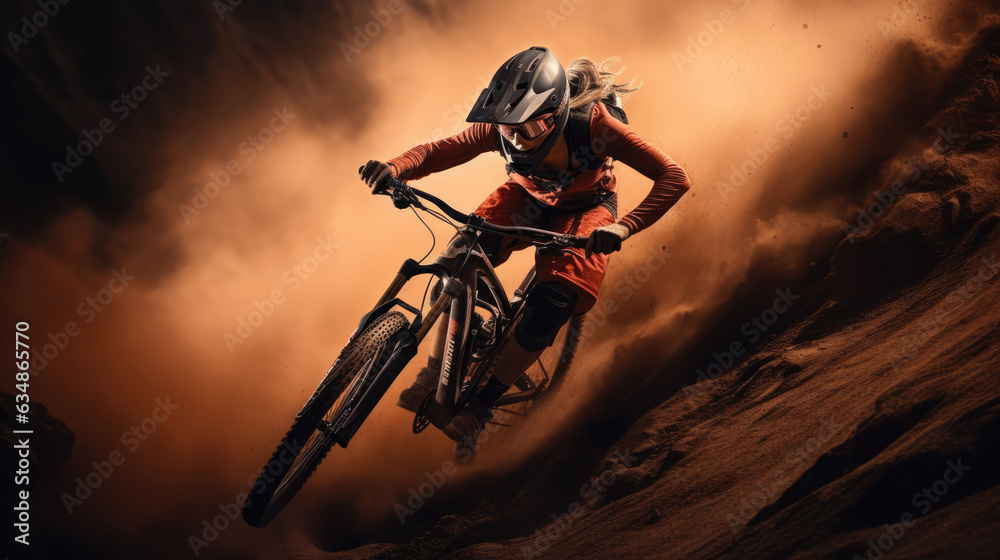 A female bicyclist riding in a mountainous terrain. Extreme cycling. Cycling sport A female bicyclist riding in a mountainous terrain. Extreme cycling. Cycling sport