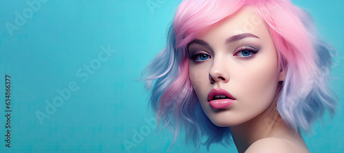 Portrait of beautiful model with pink blue hair. made with Generative AI