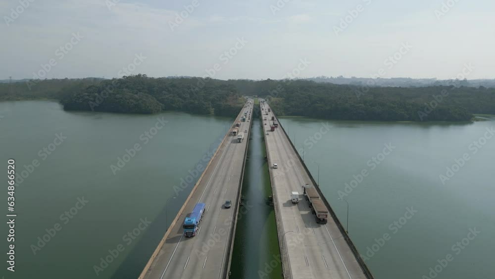 aerial view of a road with vehicles over the river aerial view of a road with vehicles over the river