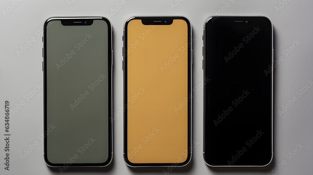 Realistic smartphone mockup. Three Mobile phone screen with isolated on gray background. Device front view. 3D mobile phone with shadow. Realistic, high quality smart phone mockup for ui ux presentat Realistic smartphone mockup. Three Mobile phone screen with isolated on gray background. Device front view. 3D mobile phone with shadow. Realistic, high quality smart phone mockup for ui ux presentat