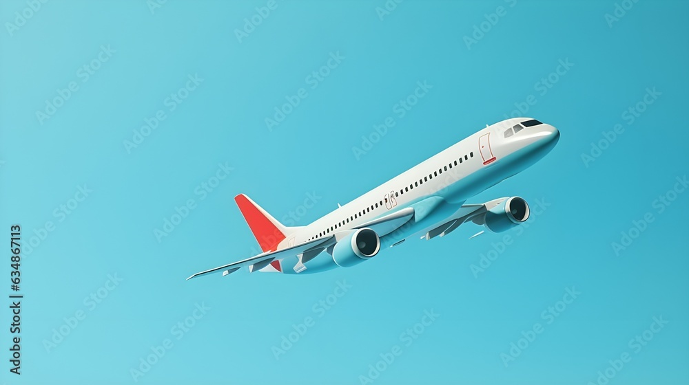 Obraz premium Airplane in the blue sky, white plane in the blue sky flying above the clouds. background template for web page header
