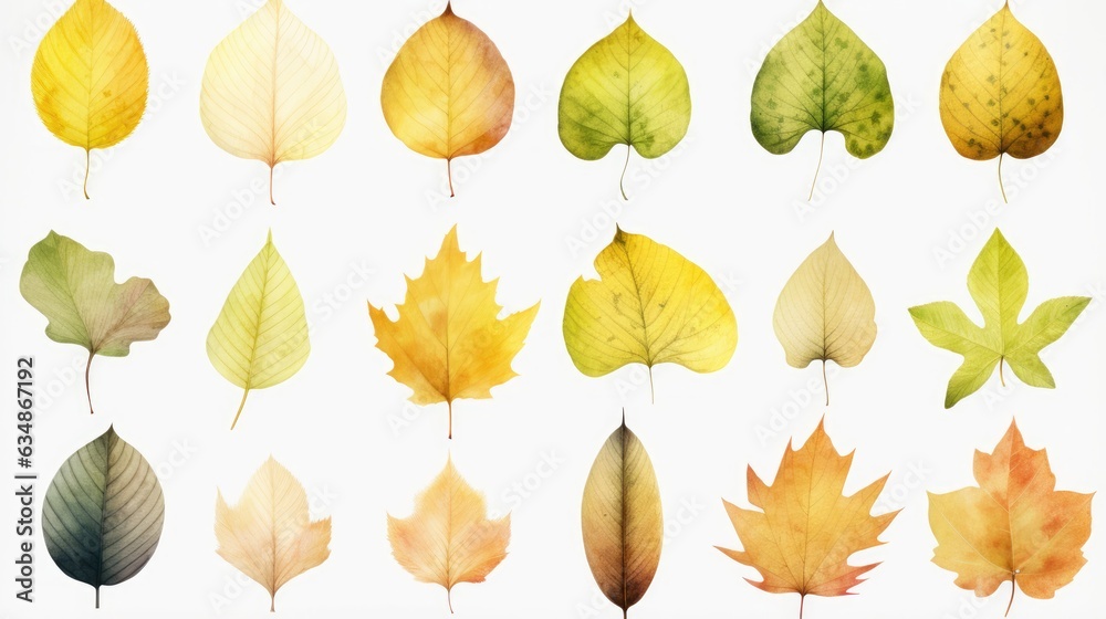 Obraz premium watercolor painting leaf illustration collection set - many different leaves, isolated on white background () generative AI