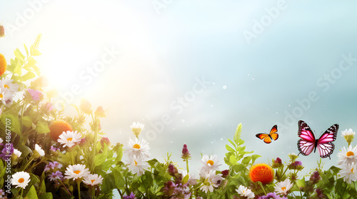 Colourful flowers flying butterfly