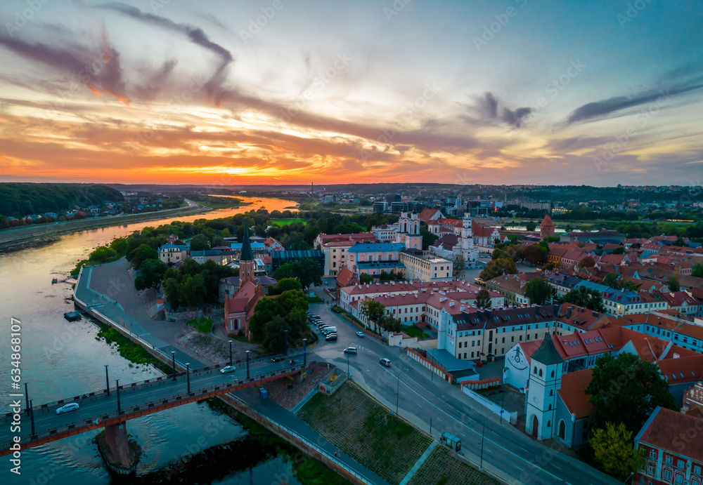 KauKaunas old town, Lithuania. Aerial view of a colorful summer sunset over the city and Nemunas and Neris river confluence