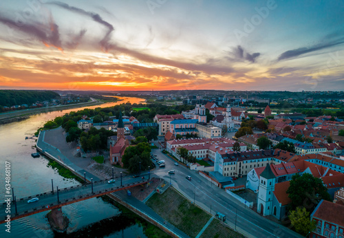KauKaunas old town, Lithuania. Aerial view of a colorful summer sunset over the city and Nemunas and Neris river confluence