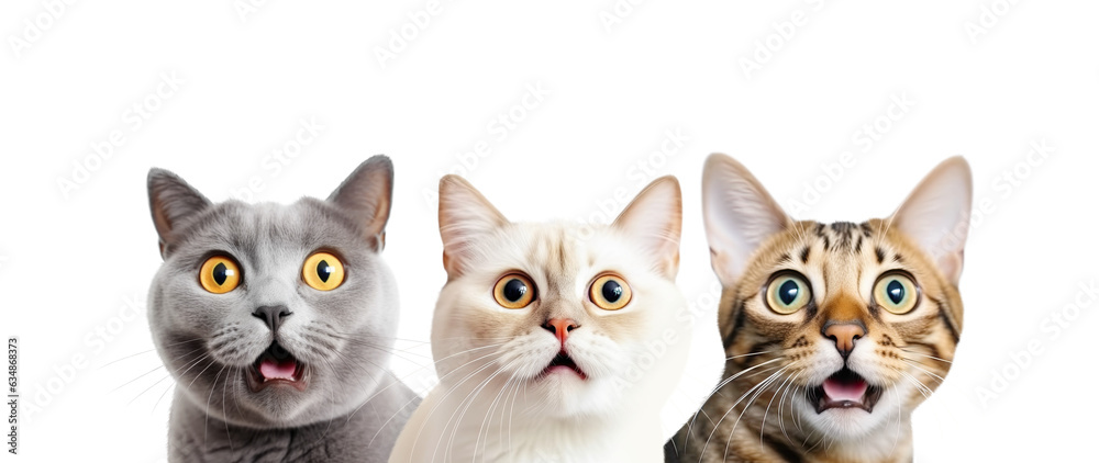 Portrait of Three Surprised Cats (Bristish, Munchkin, Bengal). Isolated on White and Png Transparent Background.