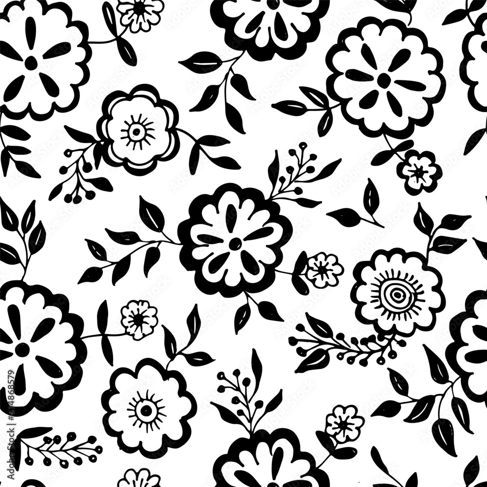 Seamless pattern with flowers on curved thin stems and beatiful leaves . Brush drawn elegant flowers. Spring or summer pattern design. Hand drawn vector botanical ornament. Sketch drawing. Seamless pattern with flowers on curved thin stems and beatiful leaves . Brush drawn elegant flowers. Spring or summer pattern design. Hand drawn vector botanical ornament. Sketch drawing.