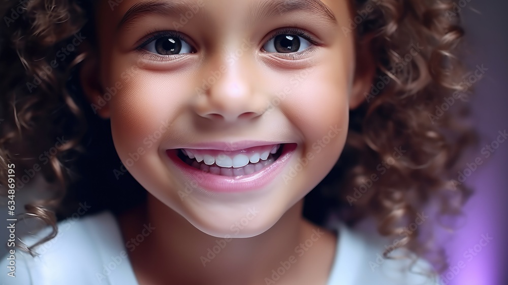 Portrait of smiling child girl, advertising healthy teeth, Oral hygiene product concept.