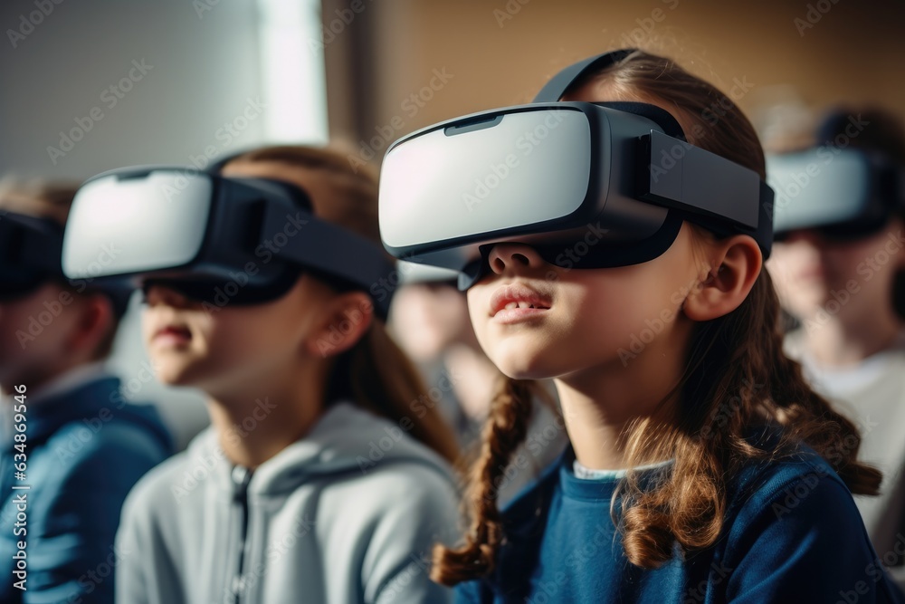 Mixed race group of students using virtual reality goggles at the classroom. Mixed race group of students using virtual reality goggles at the classroom.