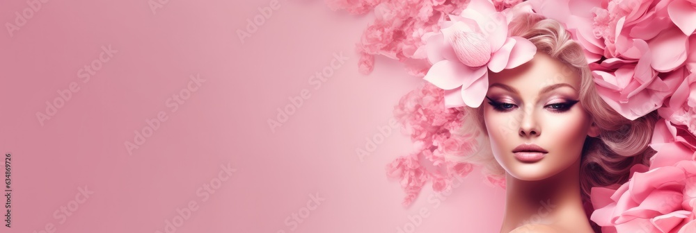 Portrait beautiful woman with flowers over head on pink background, Fantasy in style, Cosmetic products concept.