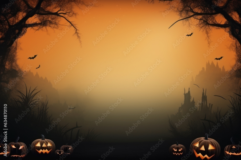 Halloween Theme Background: Orange with Jack O'Lantern Pumpkins, Bats, Space for Text, Generative AI Halloween Theme Background: Orange with Jack O'Lantern Pumpkins, Bats, Space for Text, Generative AI