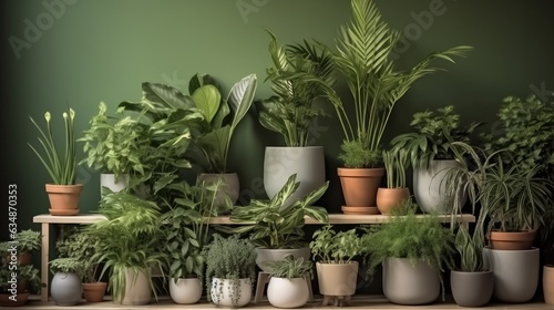 Collection of house plants in flower pots with green wall, House plants in interior.