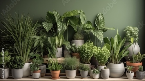 Collection of house plants in flower pots with green wall  House plants in interior.