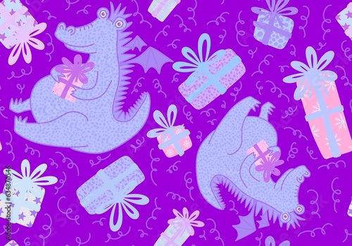 New year dragon seamless cartoon Christmas dinosaur pattern for wrapping paper and kids clothes print