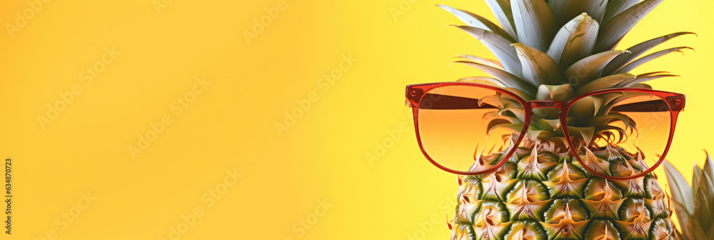 Pineapple with sunglasses on yellow background. Travel advertising, Summer travel concept.