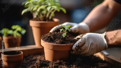 Man are putting soil in clay flower pot for plant transplantation. The concept of environmental conservation.
