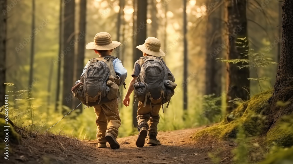 Rear view, Boys with backpacks on a forest road, Vacation adventure concepts.