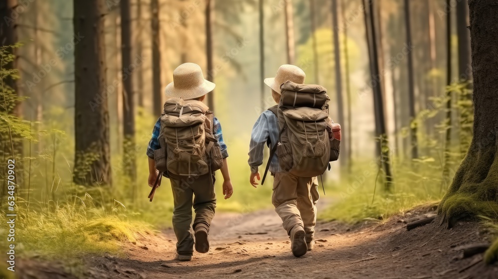 Rear view, Boys with backpacks on a forest road, Vacation adventure concepts.