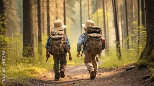 Rear view  Boys with backpacks on a forest road  Vacation adventure concepts.