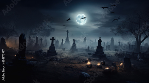 Moonlit Cemetery: Spooky Graveyard and Silhouetted Trees Halloween Background Generative AI