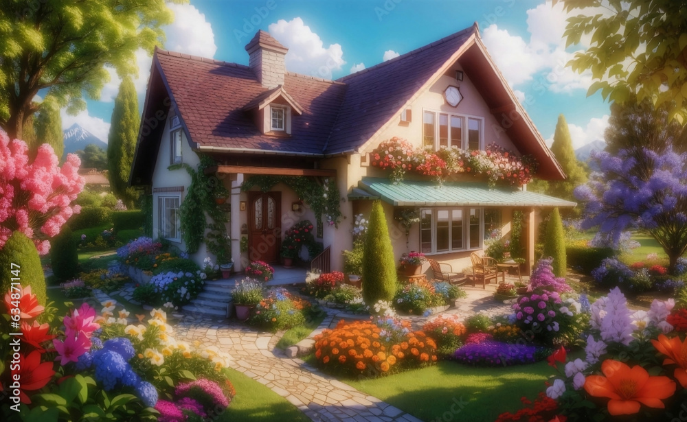 Beautiful cozy house surrounded by a flowers garden.