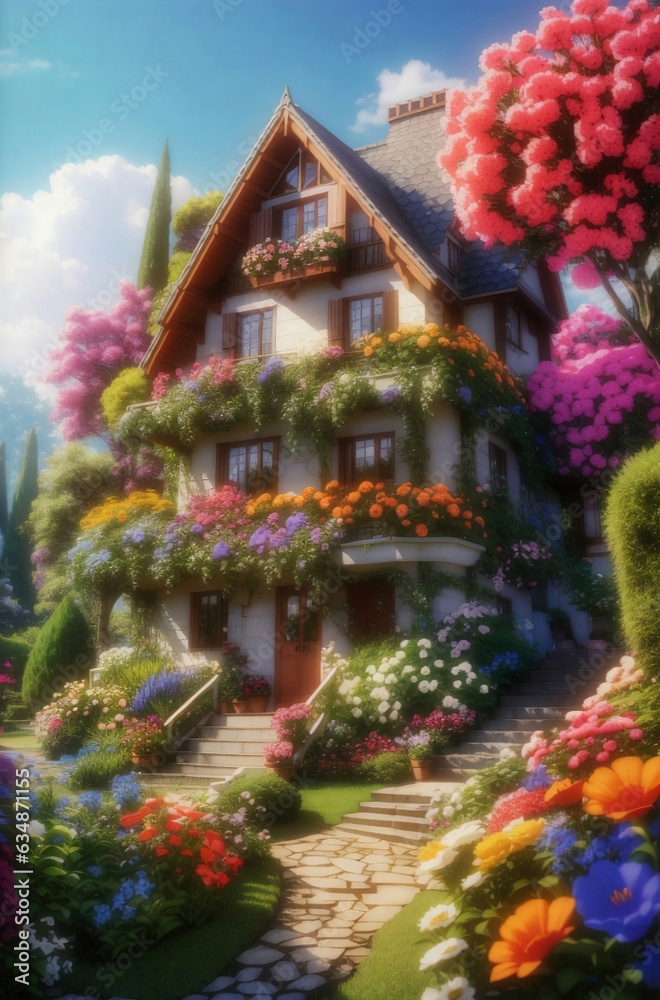 Beautiful cozy house surrounded by a flowers garden.