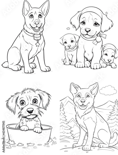 Dog Character Vector, Coloring Book Page with dogs, Coloring page outline of a cute Puppy, coloring page with Animal character