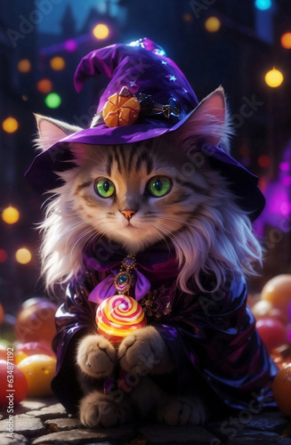 Cute witch cat in magical dreamy city background.