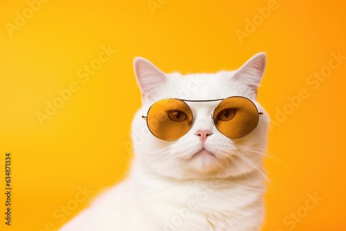 Closeup portrait of white british furry cat in fashion sunglasses. Funny pet on bright yellow background. Kitten in eyeglass. Fashion, style, cool animal concept with copy space © ratatosk