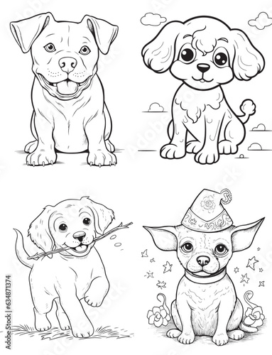 Dog Character Vector, Coloring Book Page with dogs, Coloring page outline of a cute Puppy, coloring page with Animal character