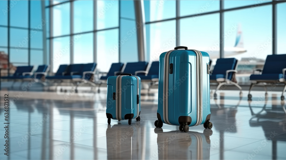 Suitcases in airport, Minimal style, Travel concept. Suitcases in airport, Minimal style, Travel concept.