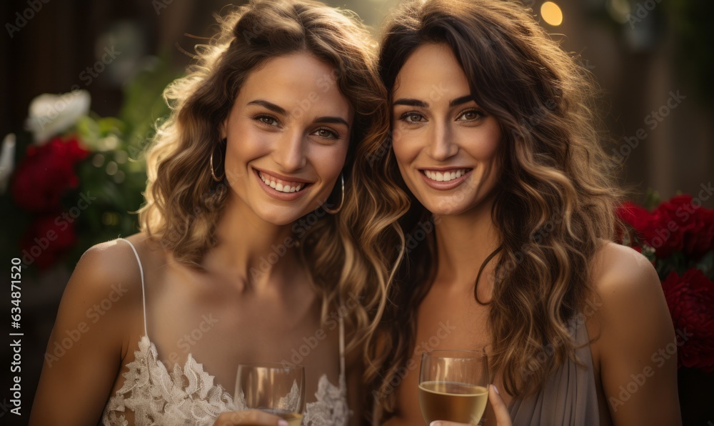 Beautiful women with drinks near a restaurant