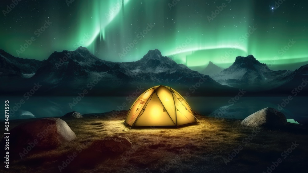 A glowing yellow camping tent under a beautiful green northern lights aurora, Travel adventure concept.