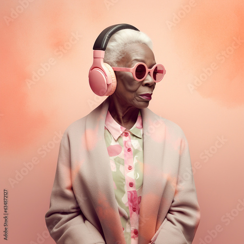 Beautiful happy senior black woman with headphones listening to music.