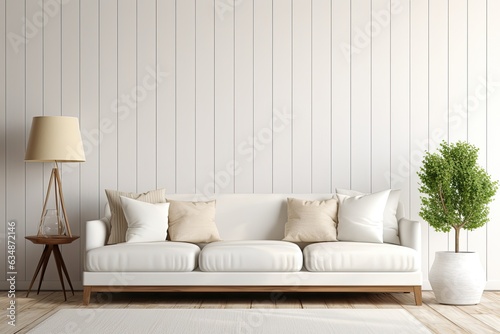 Mockup of a modern living room, featuring a white couch against a blank shiplap wall, rendered in 3D. photo