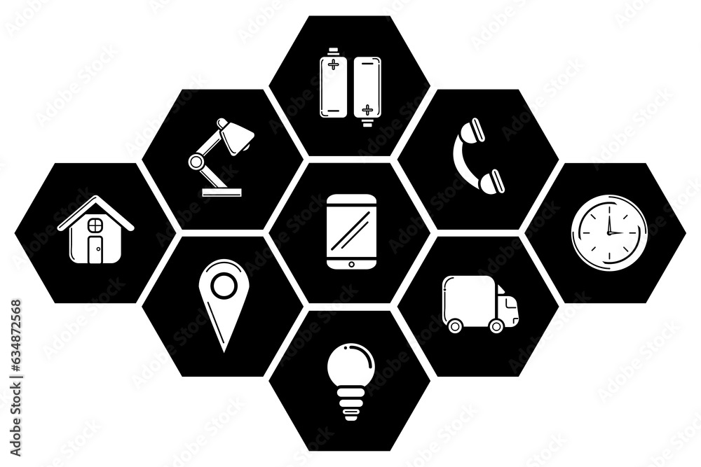 Digital png illustration of hexagonal icons with different objects on transparent background Digital png illustration of hexagonal icons with different objects on transparent background