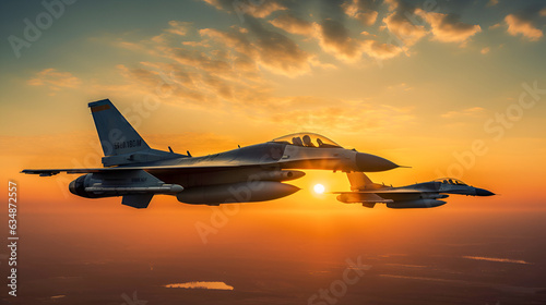 Foto Two f16 fighter jet flying at sunset with great speed