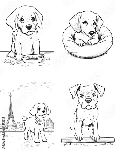 Dog Character Vector, Coloring Book Page with dogs, Coloring page outline of a cute Puppy, coloring page with Animal character