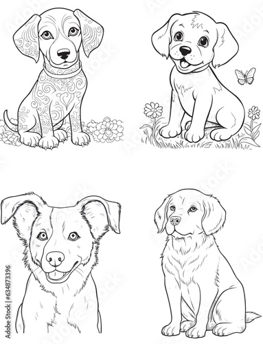 Dog Character Vector, Coloring Book Page with dogs, Coloring page outline of a cute Puppy, coloring page with Animal character